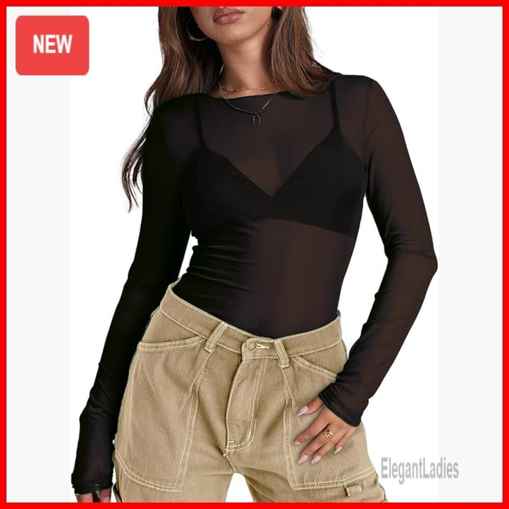 Mesh Sheer Long Sleeve Crew Neck T-Shirt Loose Fit Party Clubwear Top